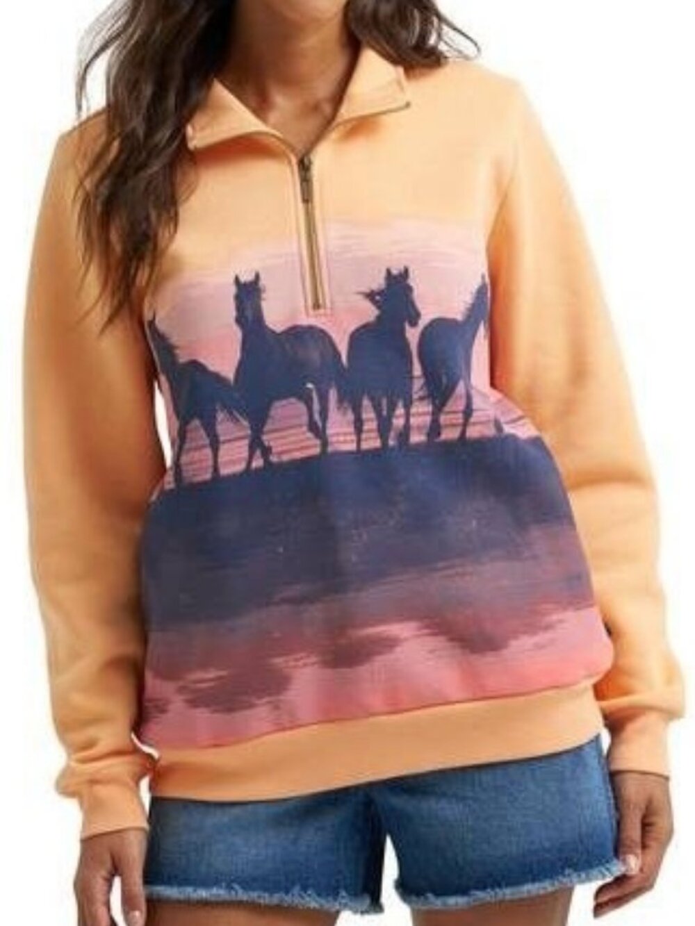 Wrangler Retro Women's Long Sleeve Wild West 1/4 Zip Pullover Sweatshirt Orange
